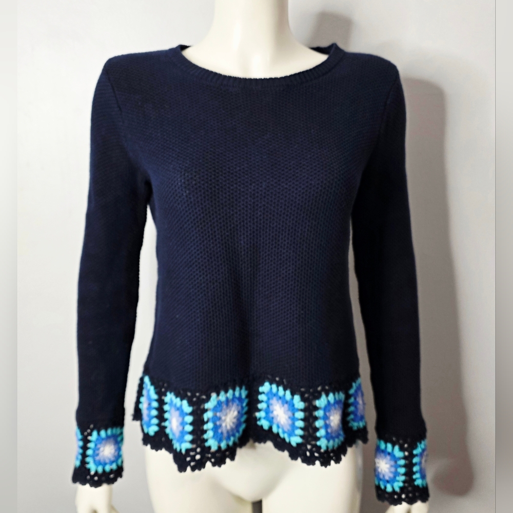 Joseph A Dark Blue Sweater with Crochet Granny Square Trim